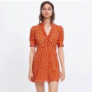 Zara Orange Floral Print Mini‎ Dress Rhinestone Buttons